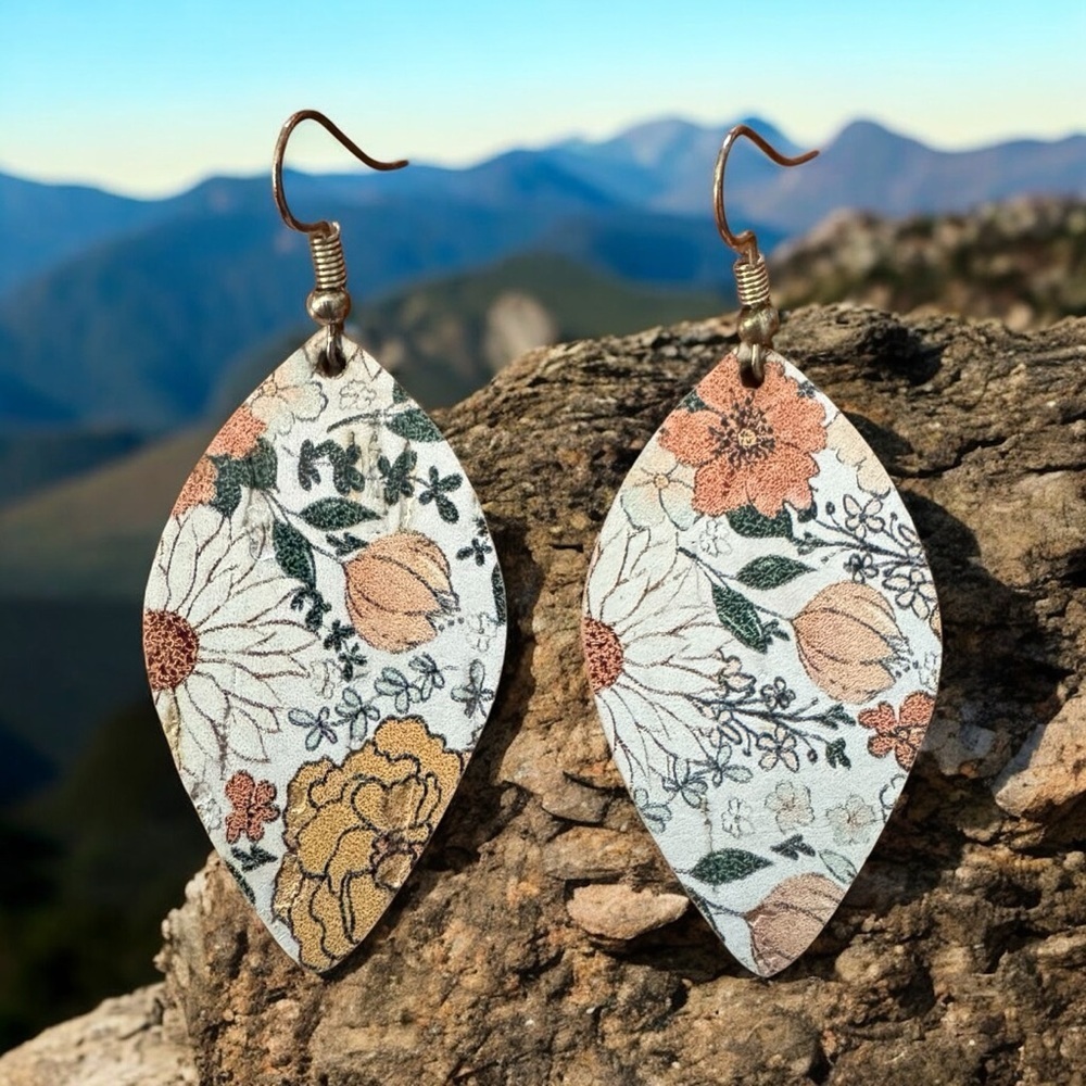 Custom made leather earrings with floral print lightweight silver french wires